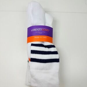 Lorenzo Uomo Crew Socks Mens 7.5-12 White Striped Cotton Blend 3 Pack Italy